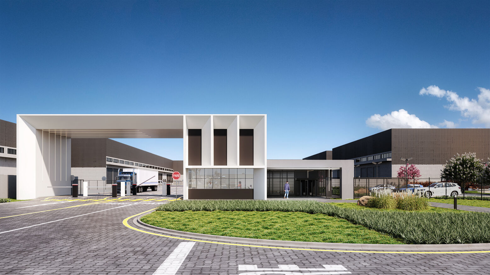 Entrada do Winter Park Empresarial, o maior condomínio empresarial de Curitiba, com foco em redução de custos operacionais, controle de acesso eficiente e ambientação externa funcional.