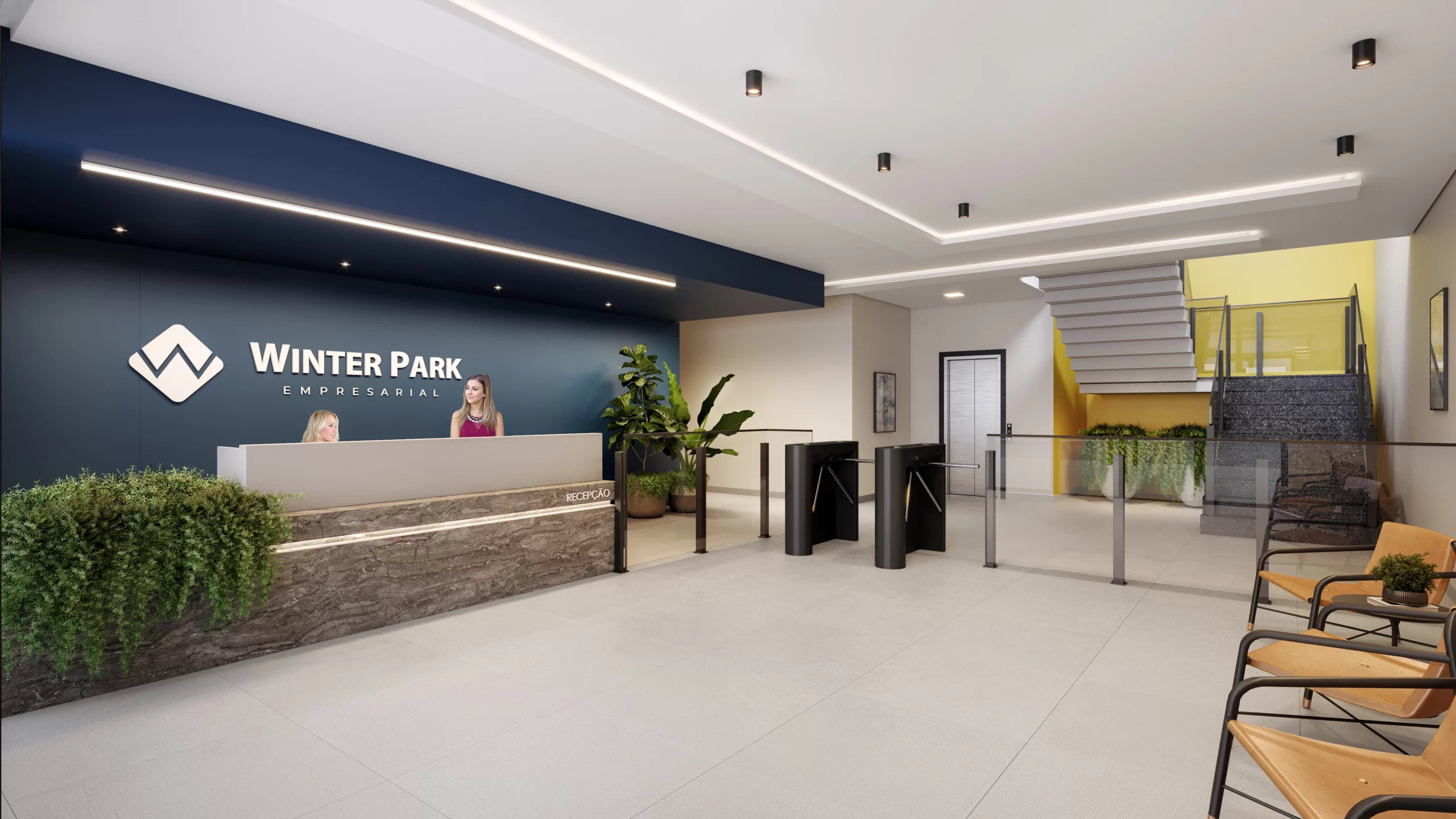 Recepção do Winter Park Empresarial com design moderno, catracas de acesso e sinalização visual, representando infraestrutura ideal para empresas focadas em otimização logística.