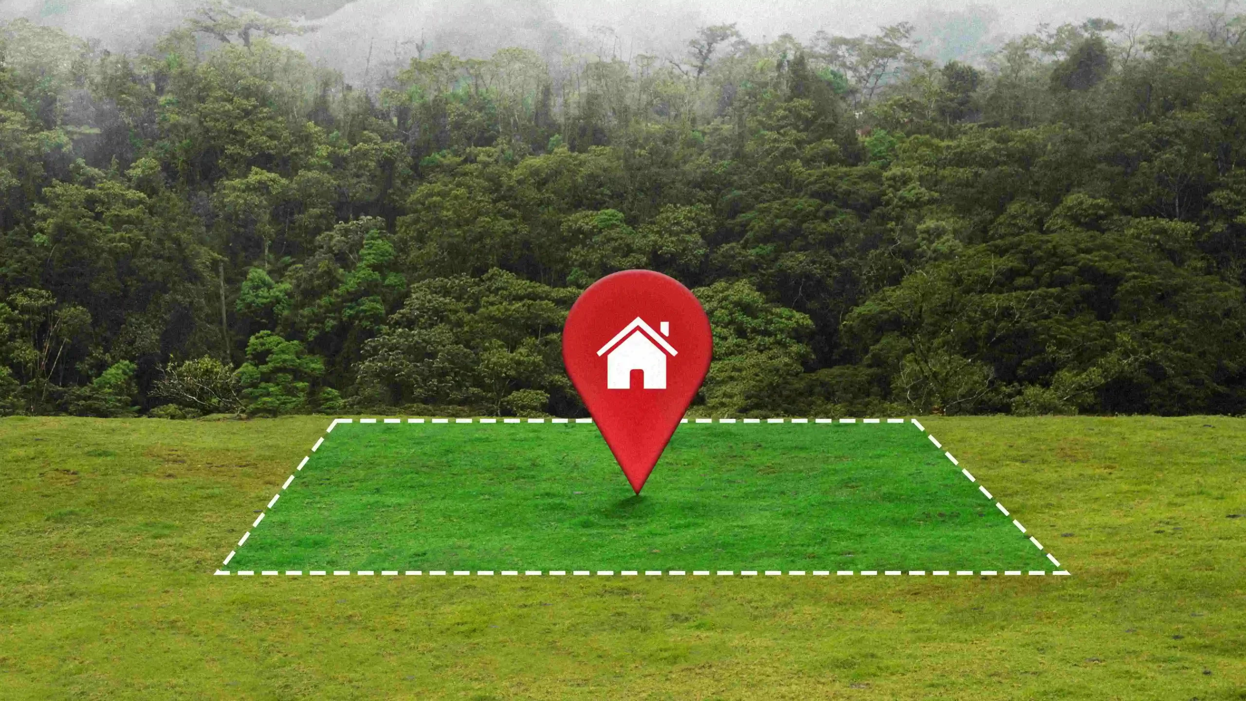 Imagem ilustrativa de um terreno em condomínio, demarcado por linhas pontilhadas brancas, com ícone de localização e casa ao centro, representando a importância dos documentos para comprar um terreno com segurança.