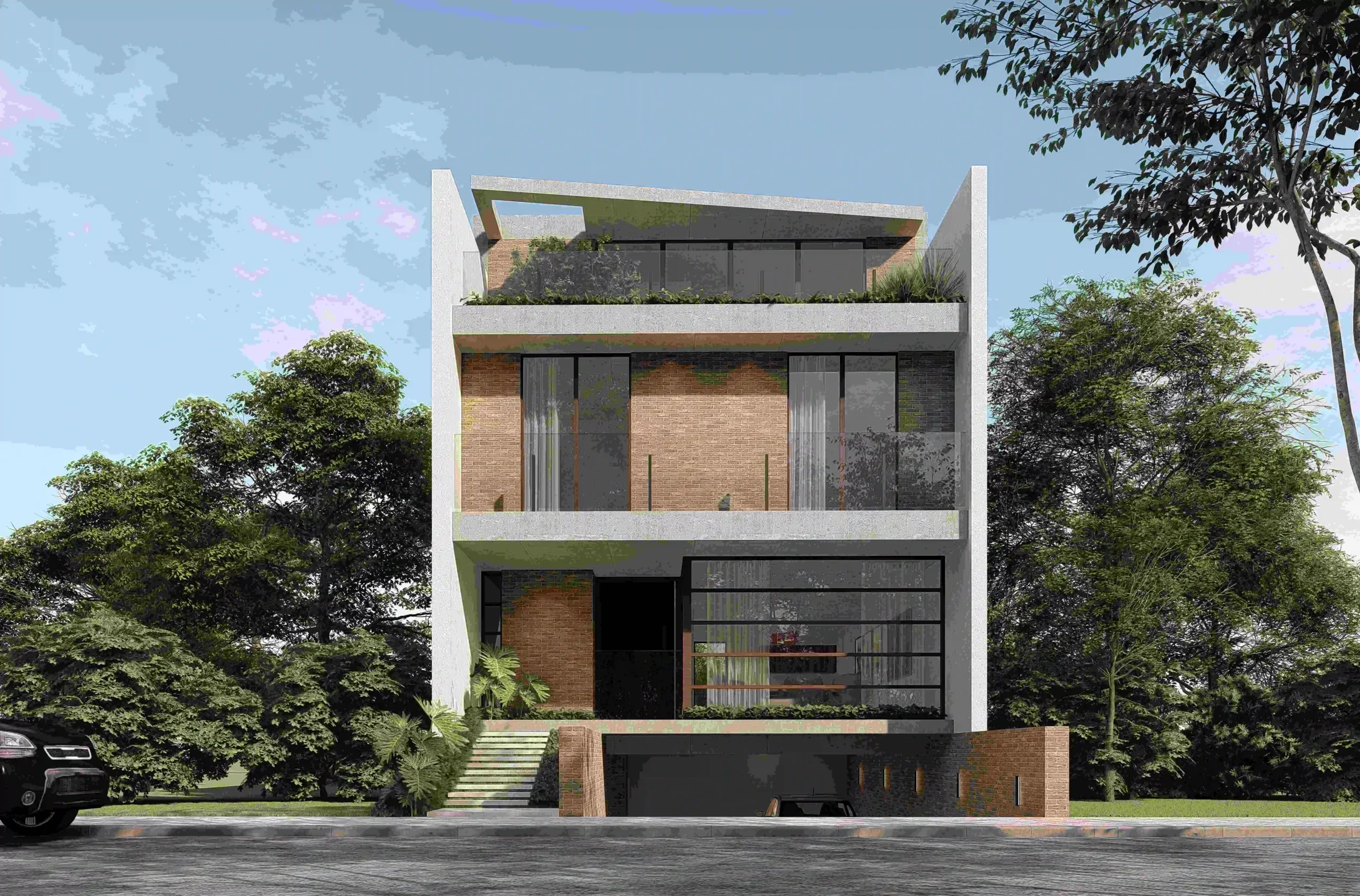 Fachada moderna de casa sob medida com três andares, design contemporâneo, grandes janelas de vidro, materiais como concreto e tijolo aparente, garagem e jardim integrado.